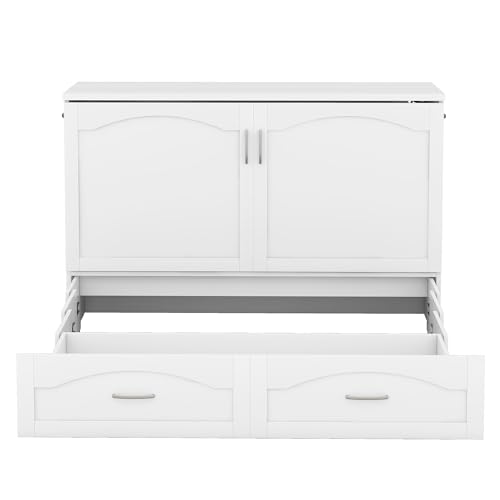 Queen Size Murphy Wall Bed with Storage and Bookcase Headboard, Solid Wood, White F901