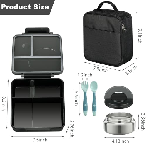 Bento Lunch Box Set for Kids with Soup Thermo, Leak-Proof, 4 Compartment, Black W97698