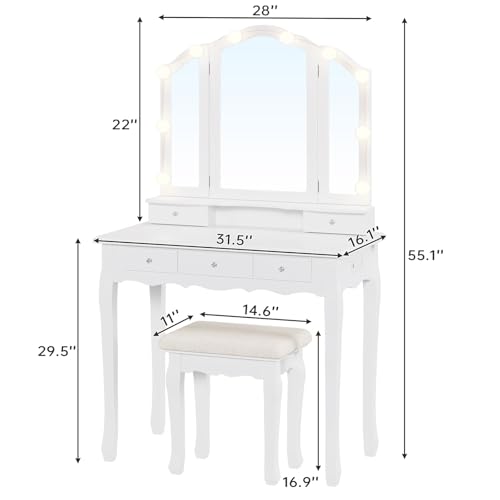 Tiptiper White Makeup Vanity with Lights, Mirror & Stool F7341