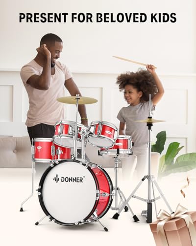 Donner 5-Piece Kid Drum Set for Beginners, 14 Inch Full Size, Metallic Black H8038