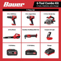 BAUER 20V Cordless, 6-Tool Combo Kit with 3 Ah Battery, 1.5 Ah Battery, and Charger