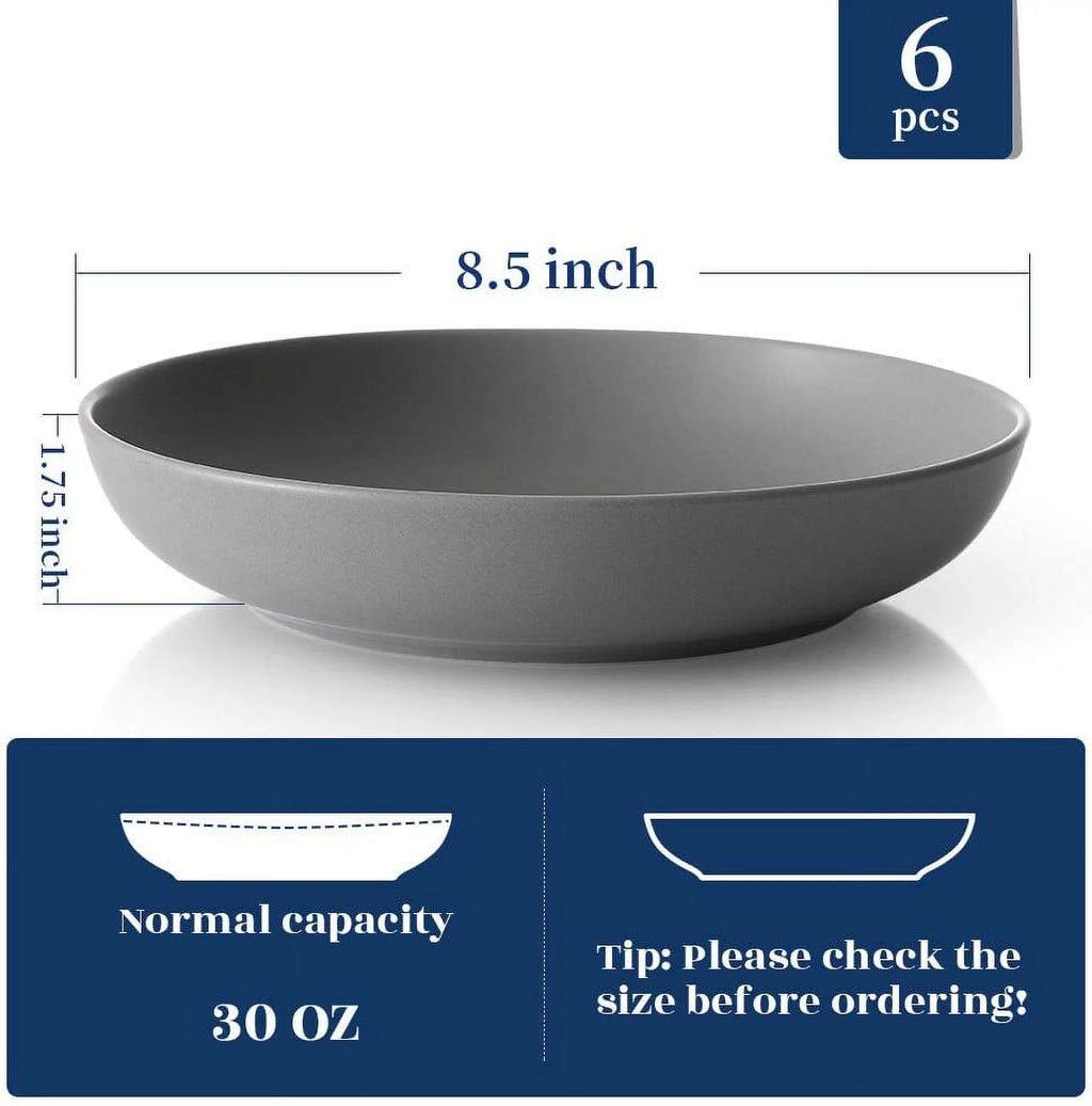 YHY Pasta Bowls Set of 6, Ceramic Soup Bowls 30 oz, Grey Matte N6460