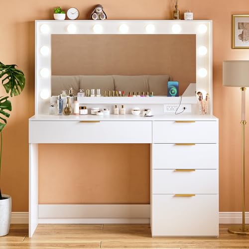 White Vanity Desk with Large Mirror and Lights I322