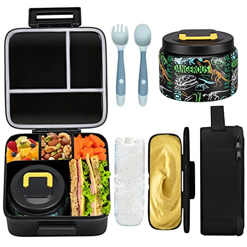Bento Lunch Box for Kids with 5 Compartments and Thermos, Blue Dinosaur G749