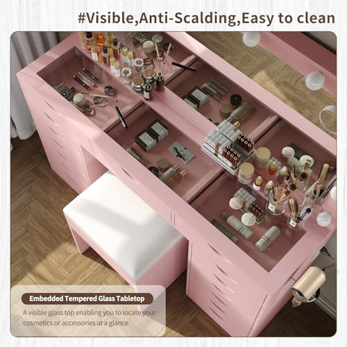 White Vanity Desk with Mirror, Lights, Charging Station and Chair C61521