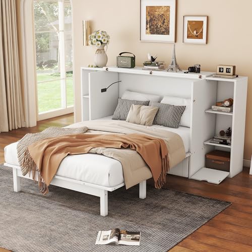 Queen Size Murphy Wall Bed with Storage and Bookcase Headboard, Solid Wood, White F901