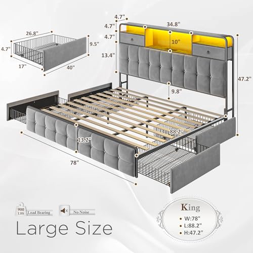 EnHomee King Size Bed Frame with 4 Drawers, Headboard, Charging Station and LED Lights, Grey I310