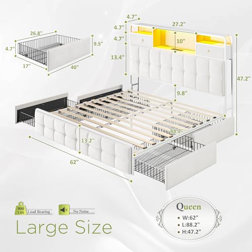 EnHomee King Size Bed Frame with 4 Drawers, Headboard, Charging Station and LED Lights, Grey I310