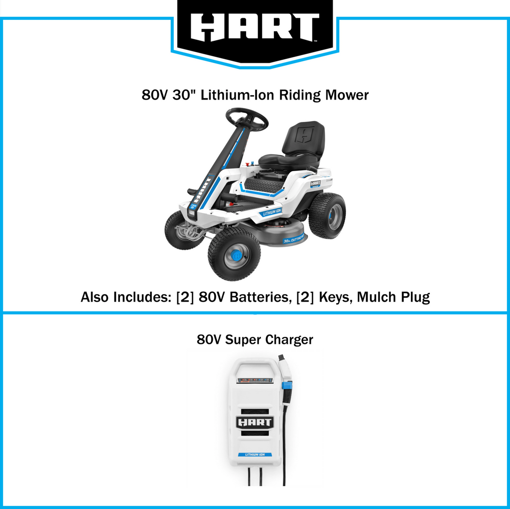 HART 80-Volt 30-inch Lithium-Ion Riding Lawn Mower Kit with Super Charger D621388