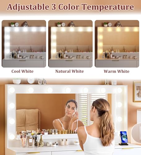 White Vanity Desk with Large Mirror and Lights I322