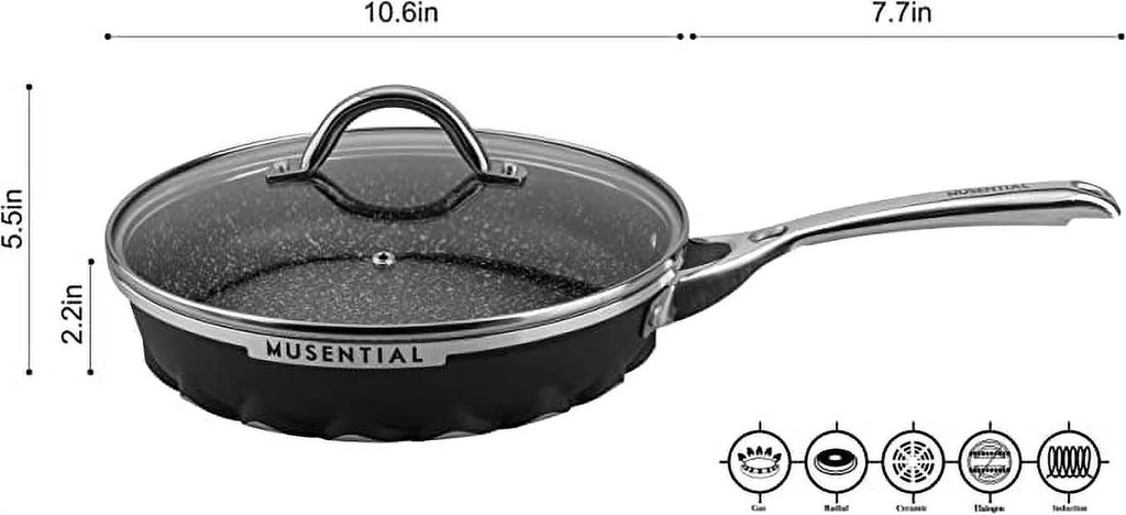 MUSENTIAL 10" Non-stick Frying Pan with Glass Lid, Black J593
