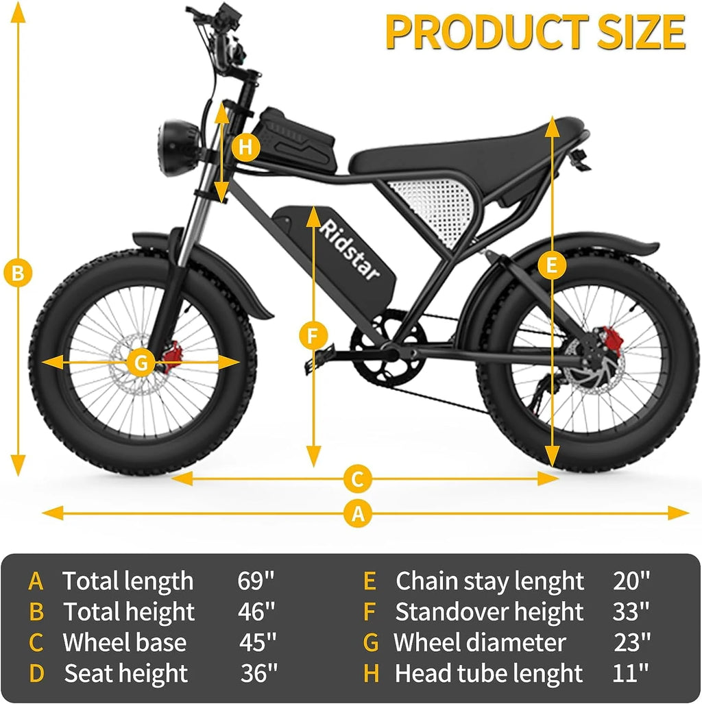 Ridstar Electric Bike for Adults, 20" Fat Tire, 1000W, Removable 48V/20Ah Battery R94788