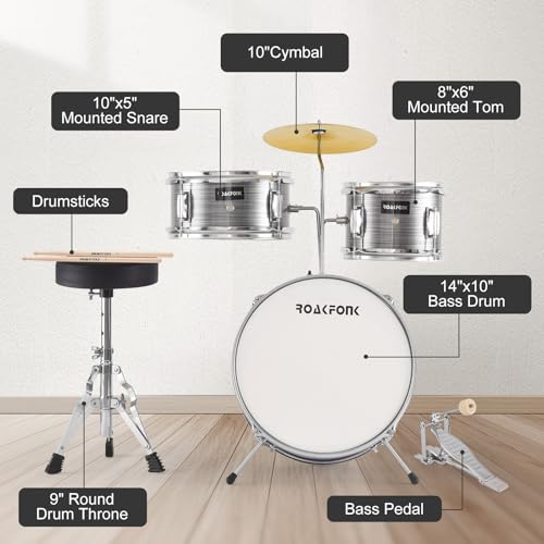 3 Piece Kids Drum Set with Throne, 14'' Bass Drum, Adjustable Seat W12582