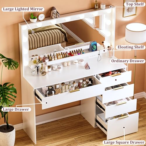White Vanity Desk with Large Mirror and Lights I322