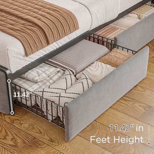 EnHomee King Size Bed Frame with 4 Drawers, Headboard, Charging Station and LED Lights, Grey I310