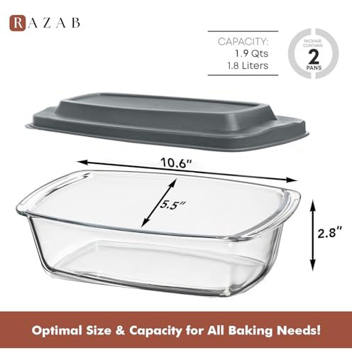 Razab Glass Loaf Pan with Lids, 7.6 Cups, Set of 2, Oven and Microwave Safe Z2943
