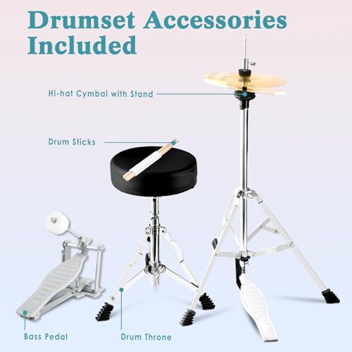 EASTROCK Kids Drum Set 5-Piece 16 Inches Junior Drum Kit with Throne, Cymbal, Pedal & Sticks U617814