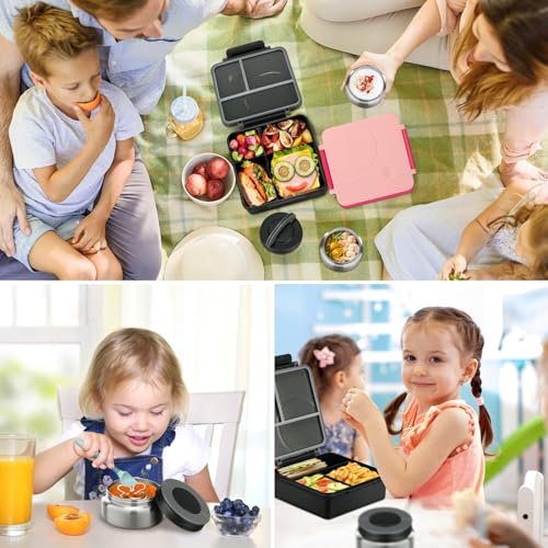 Bento Lunch Box Set for Kids with Soup Thermo, Leak-Proof, 4 Compartment, Black W97698