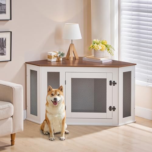 Corner Dog Crate Furniture Wooden Kennel End Table for Small Medium Dogs Greige and Black V3428