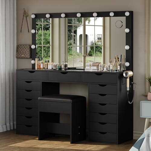 White Vanity Desk with Mirror, Lights, Charging Station and Chair C61521