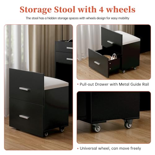 Compact Vanity with 3 Drawers, Makeup Desk with Lighted Mirror and Stool, White P76418