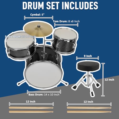 Ktaxon 3-Piece Kids Drum Set with Throne Stool, Pedal & Drumsticks, Black L8657