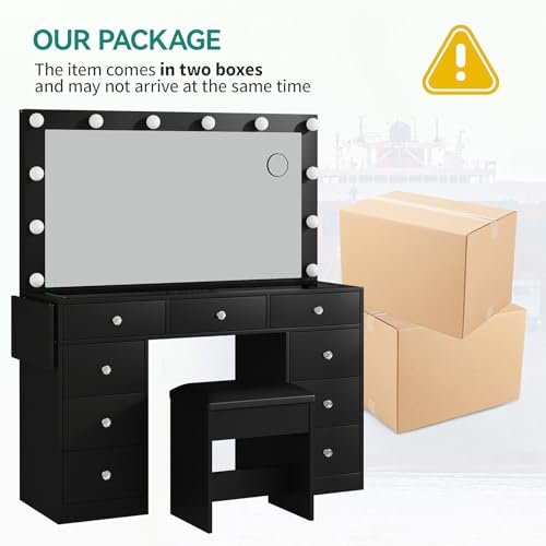 55" Vanity Desk with Charging Station and Lighted Mirror, Black Z765