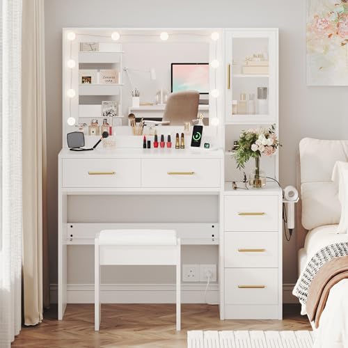 White Makeup Vanity Desk with Charging Station and Lights K58637