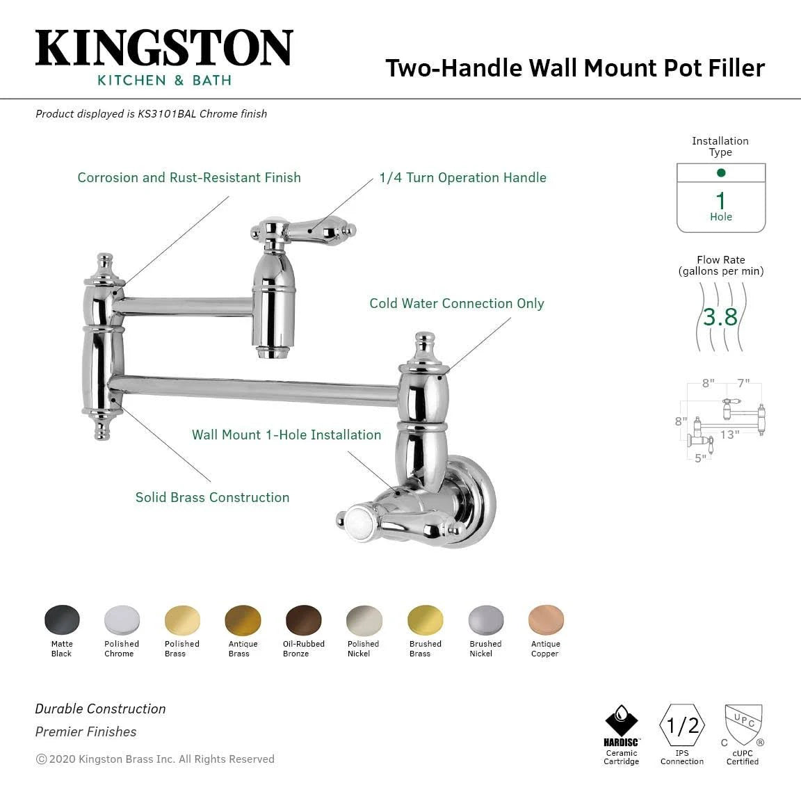 Kingston Brass Heirloom Wall Mount Pot Filler Kitchen Faucet Antique Copper B590