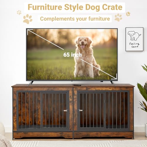 Rovibek 86" Stackable Dog Kennel Furniture with Removable Divider & 3 Doors, Rustic Brown I176