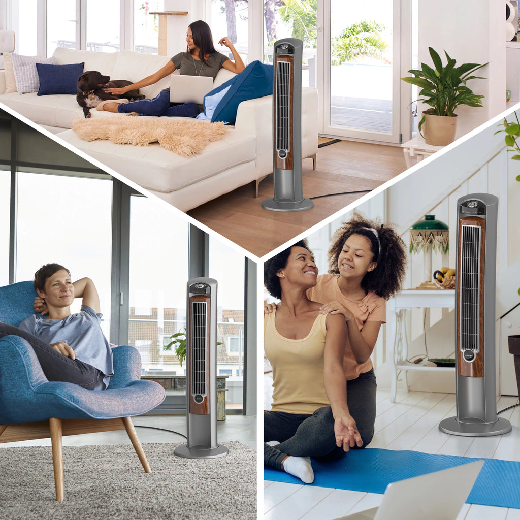 Lasko 42 Wind Curve Tower Fan with Ionizer and Remote, Gray/Woodgrain C6204