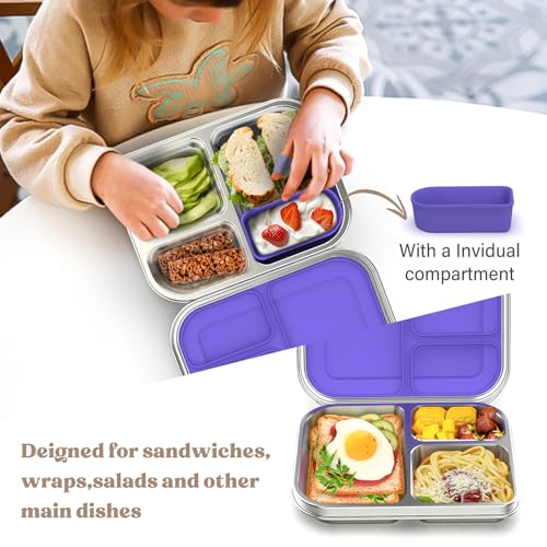Stainless Steel Bento Box for Kids, 3 Compartments, Leak Proof, Dishwasher Safe, Pink A5921