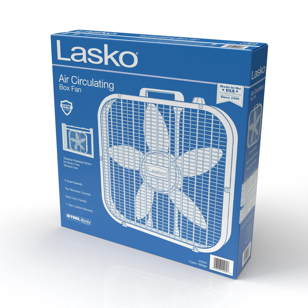 Lasko 20 Classic Box Fan with Weather-Resistant Motor, 3 Speeds, White Y945432