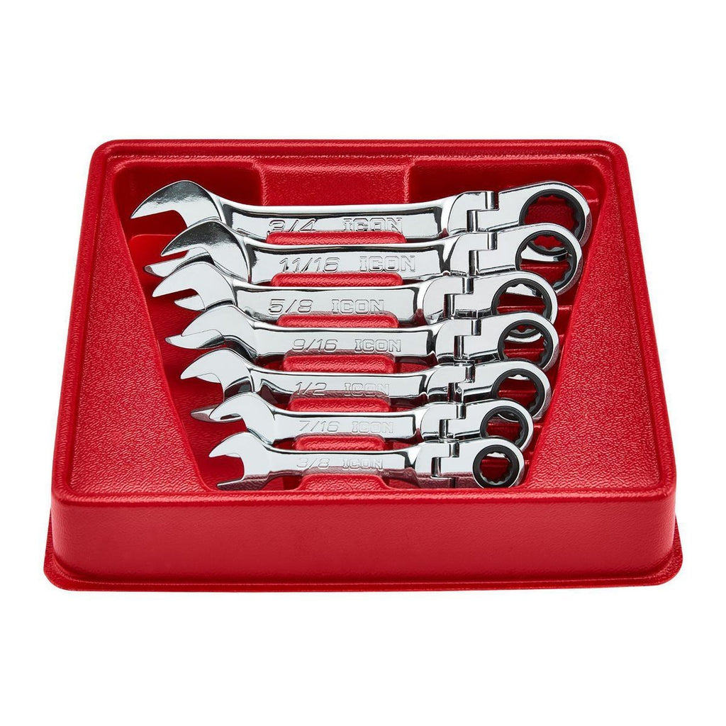 ICON Professional Stubby Flex Head SAE Ratcheting Wrench Set, 7-Piece C522