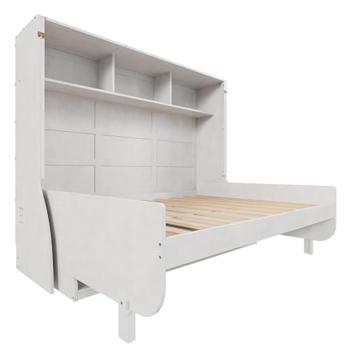 Antique White Solid Wood Full Size Murphy Bed with Desk and Storage Shelves Q958365