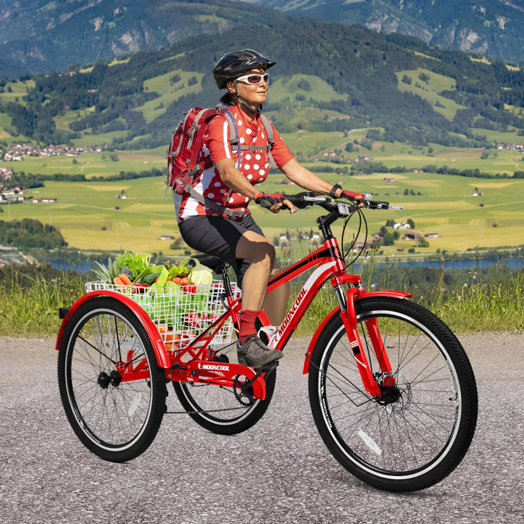 Slsy Mountain Tricycle for Adults, 24/26/27.5 Inch MTB 7 Speed Three Wheel Bike, Adults Tricycle with Cargo Basket for Adults, Women, Men, Seniors