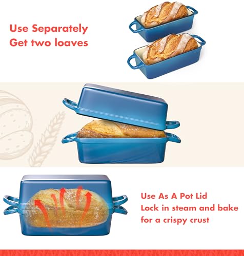 2 IN 1 Cast Iron Bread Loaf Pan with Lid, 3.4QT, Blue A3648