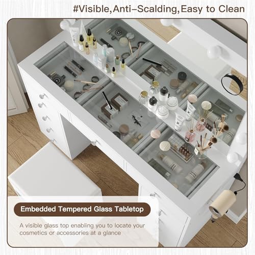 Vanity Desk with Power Outlet, LED Mirror, 11 Drawers and Chair, White H391193