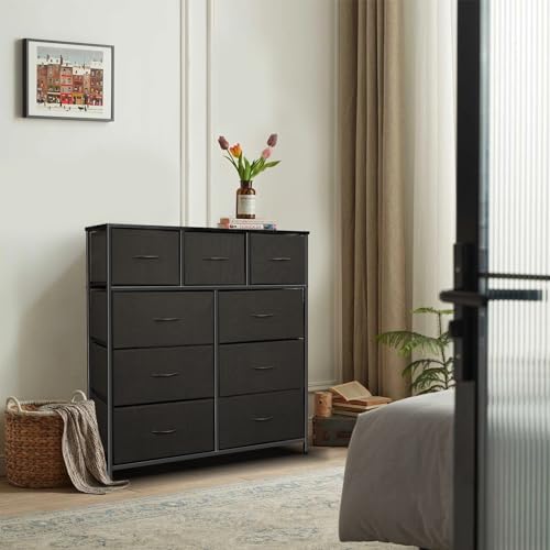 9 Drawer Dresser for Bedroom, Charcoal Black Fabric Storage Chest K84969