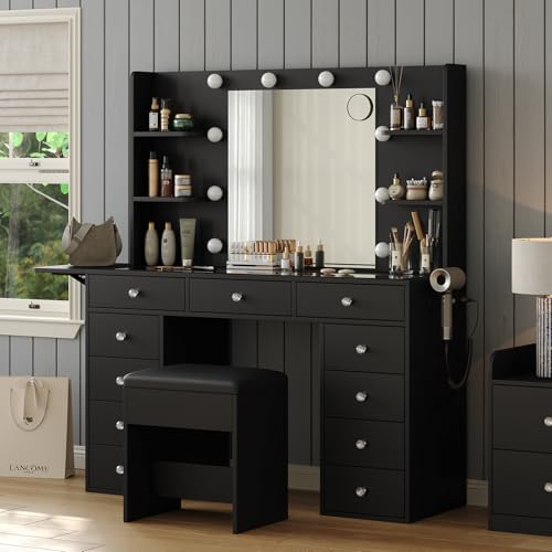 55" Vanity Desk with Charging Station and Lighted Mirror, Black Z765