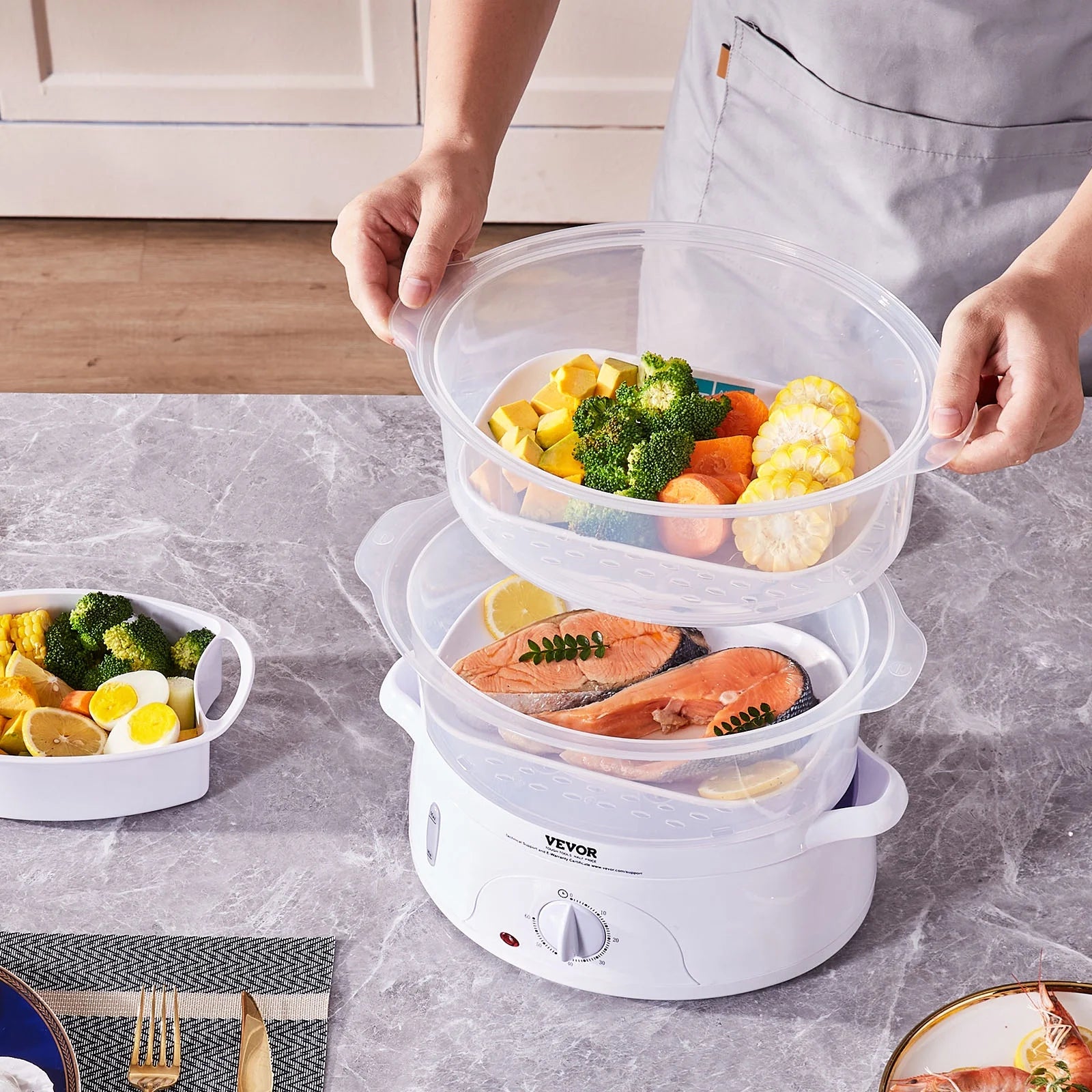 BENTISM 7.4Qt Electric Food Streamer 2-Tier Vegetable Steamer & 60 Min Timer 800W