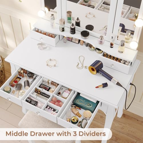 Tiptiper White Makeup Vanity with Lights, Mirror & Stool F7341