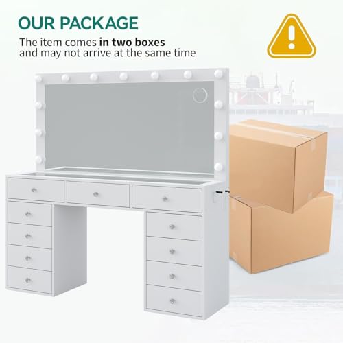 Vanity Desk with Power Outlet, LED Mirror, 11 Drawers and Chair, White H391193