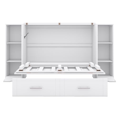 Queen Size Murphy Wall Bed with Storage and Bookcase Headboard, Solid Wood, White F901