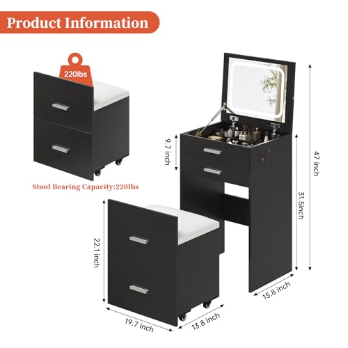 Compact Vanity with 3 Drawers, Makeup Desk with Lighted Mirror and Stool, White P76418