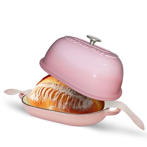 Cast Iron Dutch Oven,6 QT Bread Oven,Thick Enameled Loaf Pan with Lid,Bread Pans for Homemade Bread,14.5"Dutch Oven for Bread Baking,Loaf Pans-with Silicone Baking Mat&Recipe,Gifts for Family,Pink