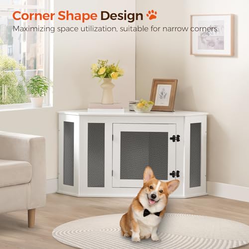 Corner Dog Crate Furniture Wooden Kennel End Table for Small Medium Dogs Greige and Black V3428