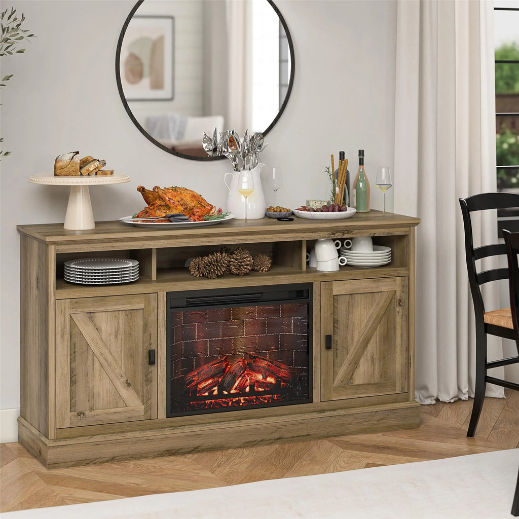 Ameriwood Home Ashton Lane Electric Fireplace TV Stand for TVs up to 65, Black Oak D206311