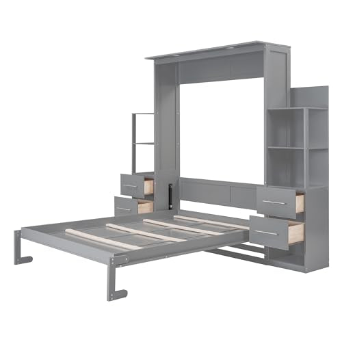 MERITLINE Queen Murphy Bed with Storage Drawers, LED Lights and Shelves, Grey P714