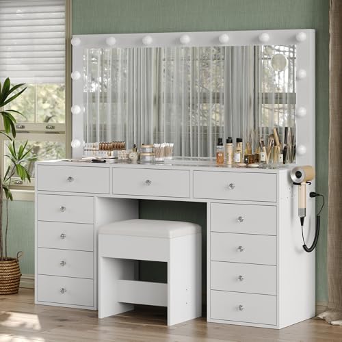 Vanity Desk with Power Outlet, LED Mirror, 11 Drawers and Chair, White H391193